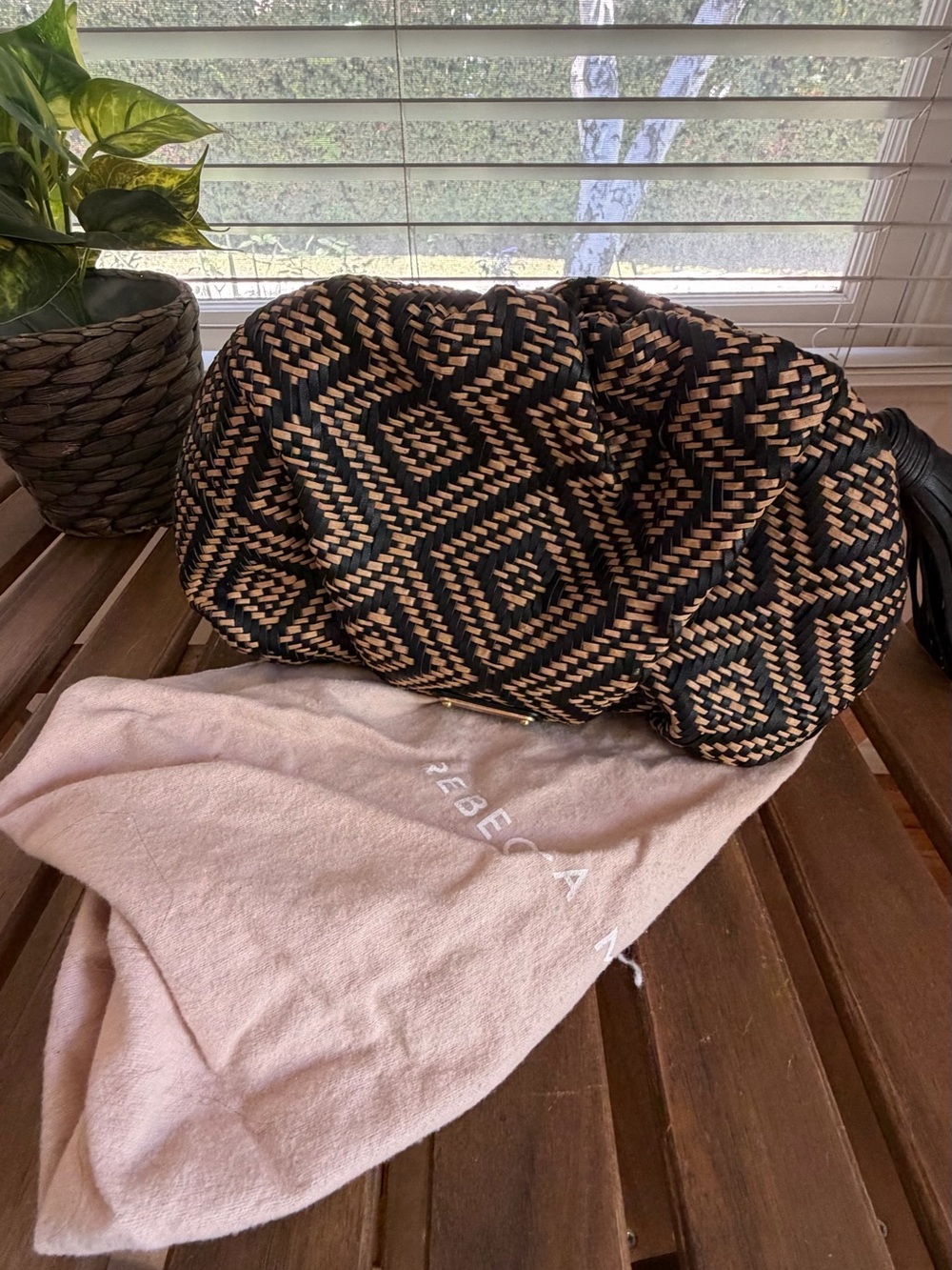 Rebecca Minkoff Black and Tan Woven Clutch